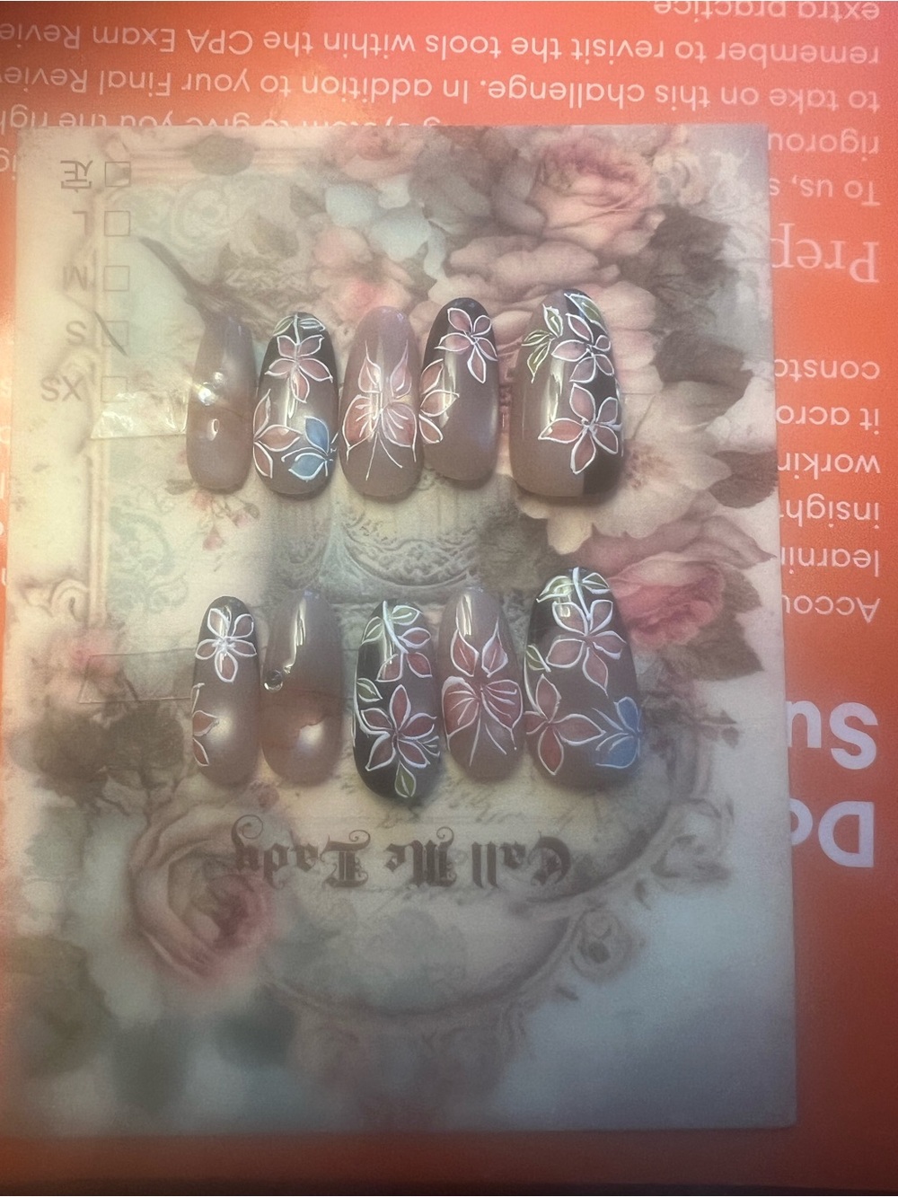 Hand made Cat eye Floral Mauve Press-On Nail Set with Pastel Accents